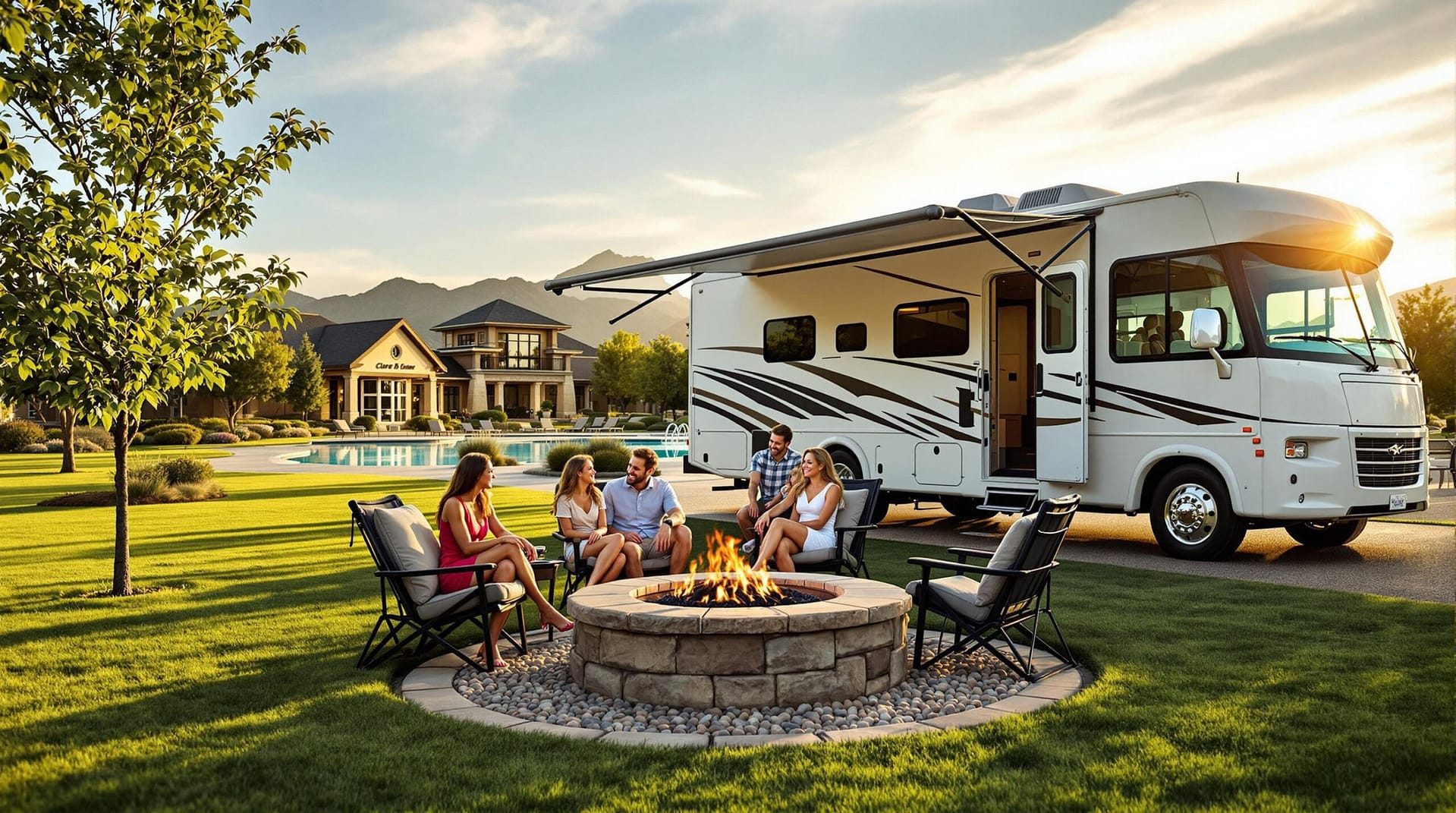 Smiling family with golden retriever relaxing by RV and fire pit at a generic, modern resort with pool and clubhouse on a sunny day