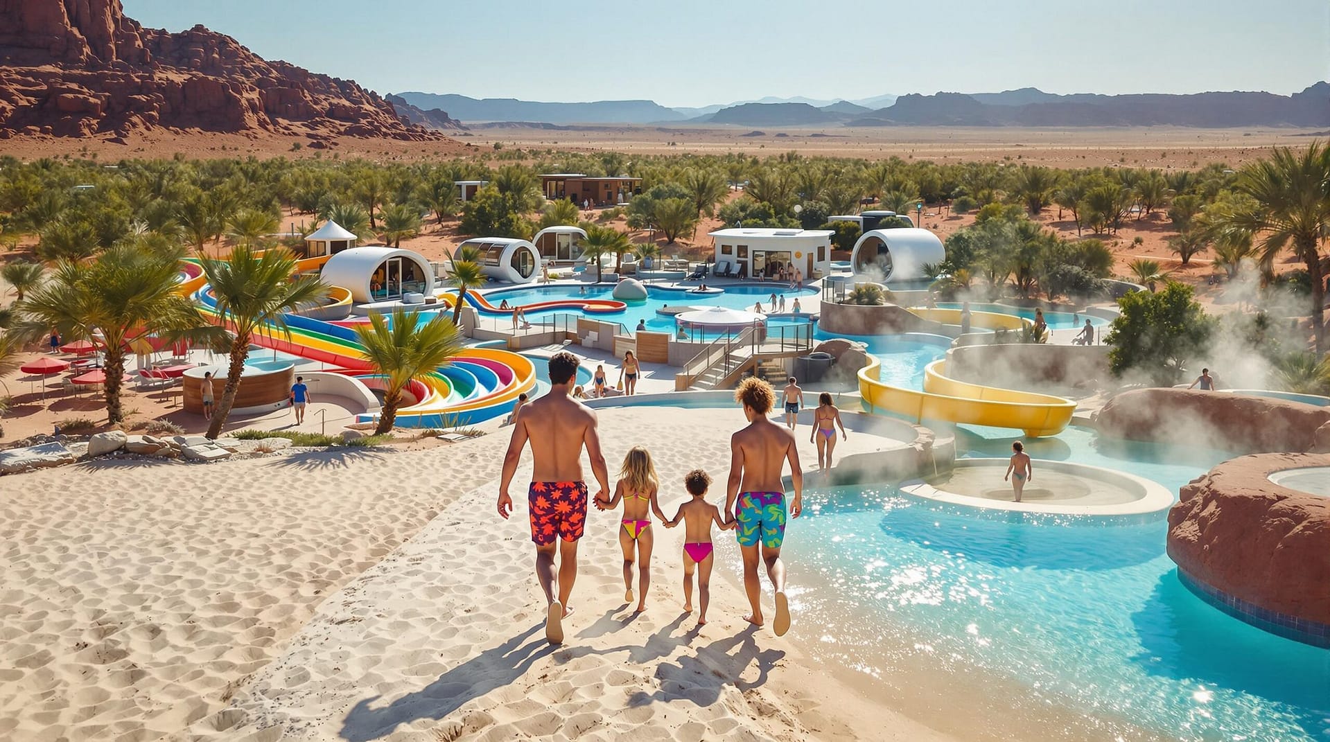 A family in swimsuits walks from a sandy beach toward a colorful water zone with slides and a lazy river, glamping cabins and modern pods in the background, under a sunny blue sky with red hills in the distance.