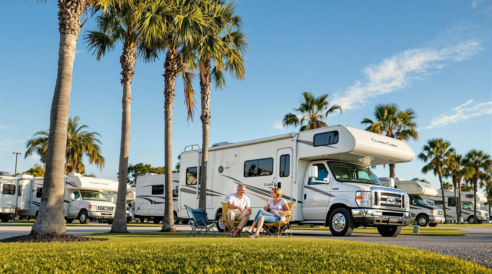 Middle-aged couple setting up chairs beside an RV in a sunny, palm-lined park with other RVs in the background, under a clear blue sky.