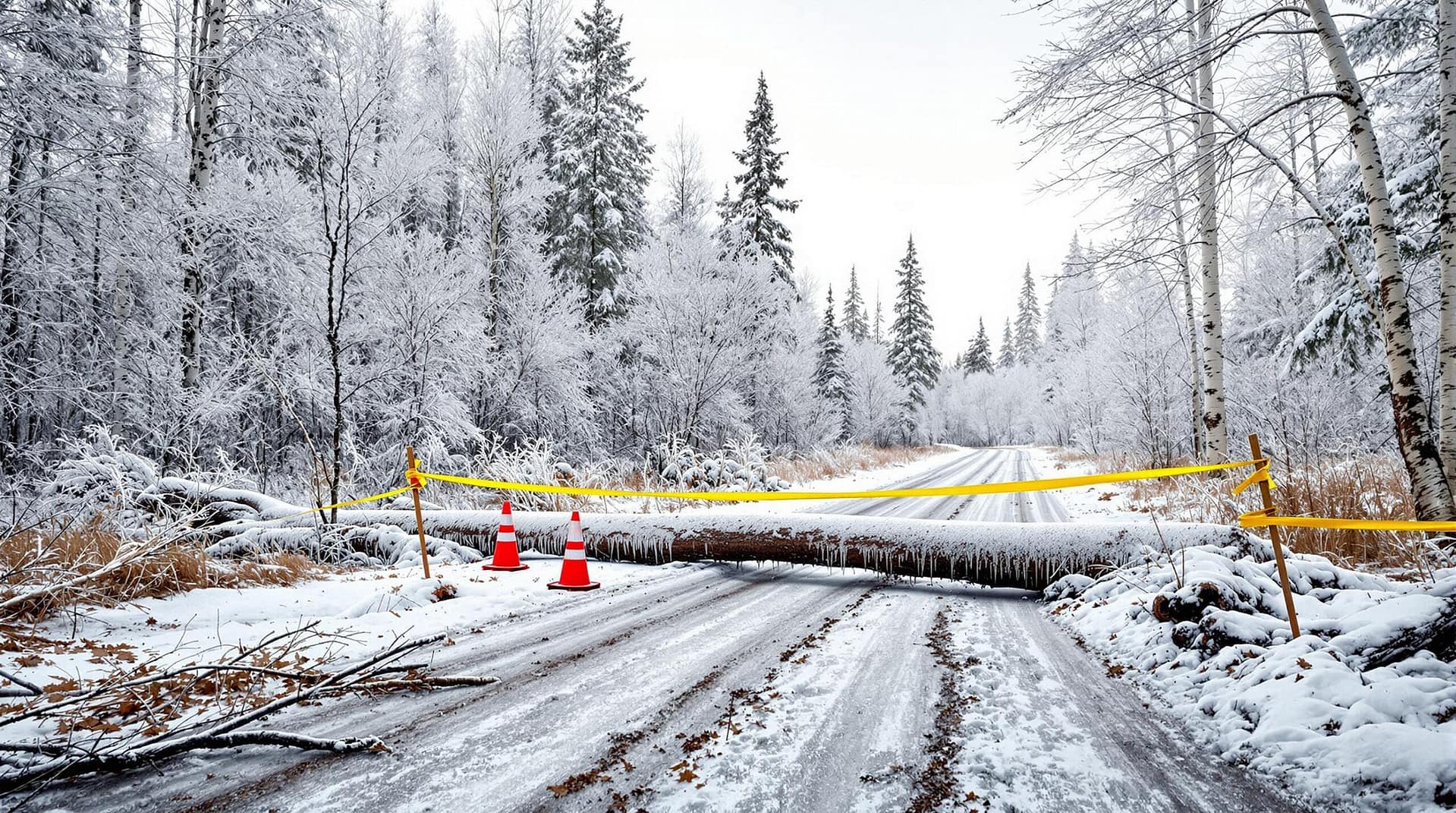 Forest trail blocked by ice-covered trees, orange safety cones, and caution tape after a winter storm.