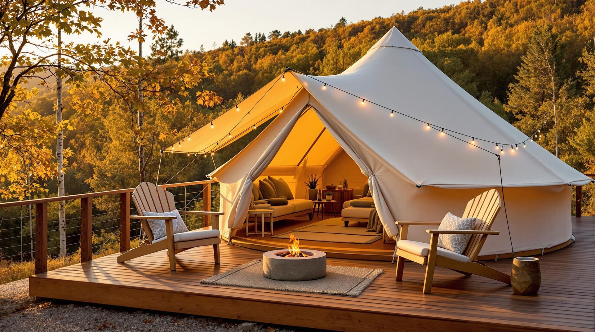 Luxury glamping tent with string lights and fire pit on a wooden deck, surrounded by autumn woods in soft golden-hour light