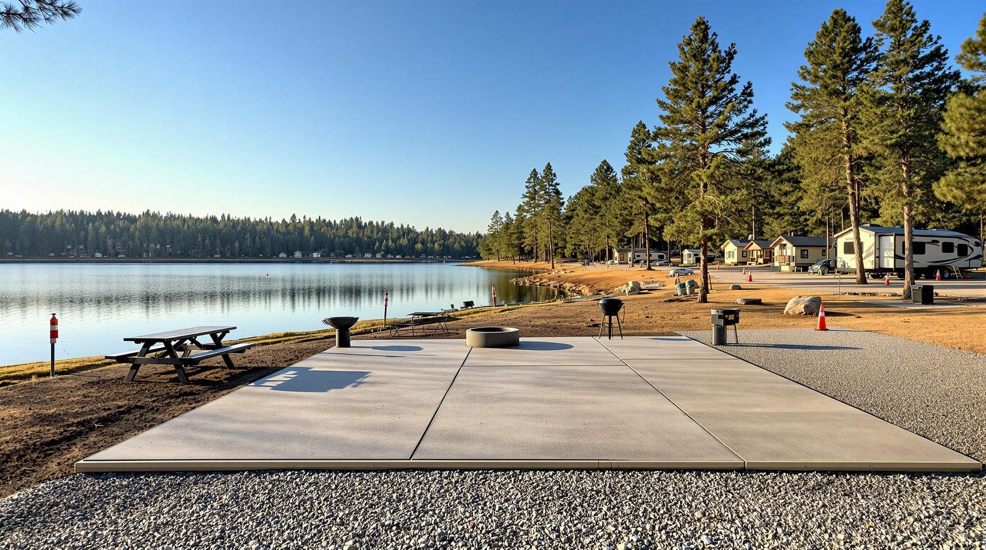 Renovated lakeside campground with new concrete RV pad, picnic table, fire ring, and grill overlooking a calm lake and pine trees, with cabins and subtle construction cones in the background under warm morning light