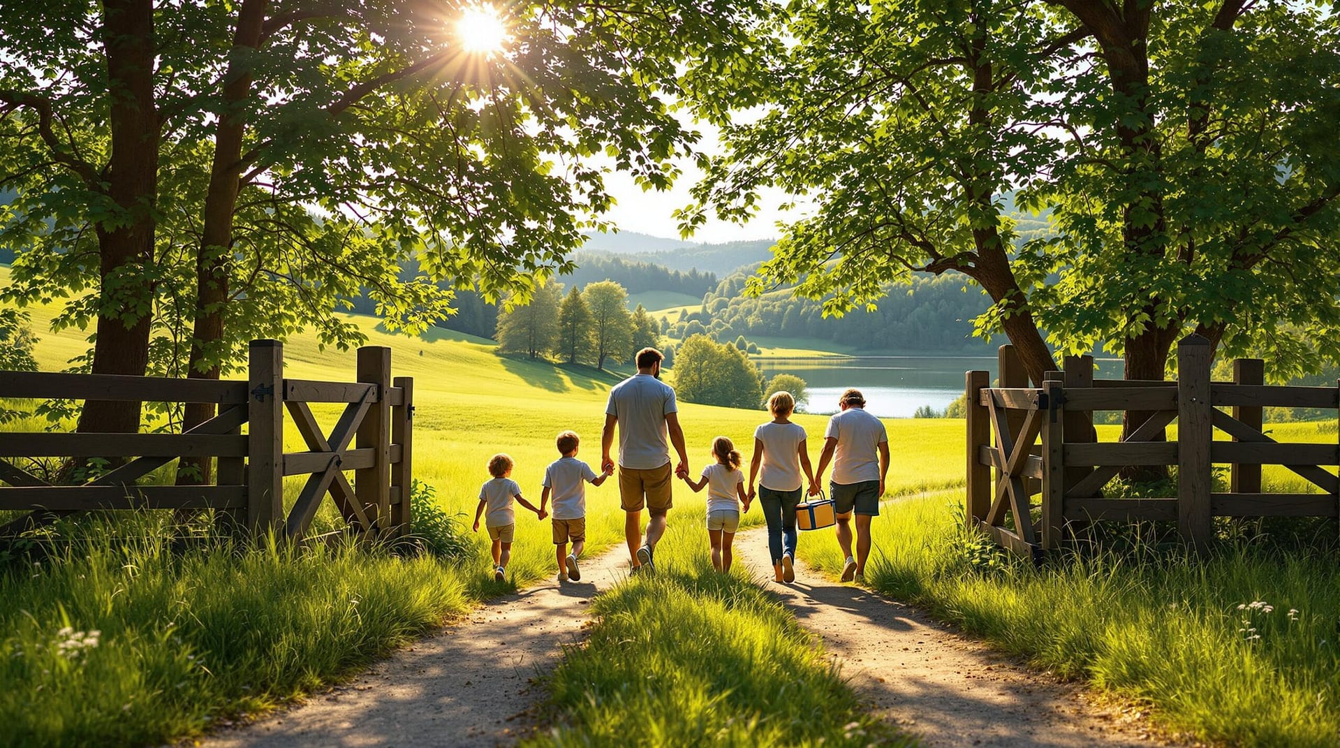 A diverse family with children and grandparents enters a sunlit, grassy park through a wooden gate, surrounded by trees and rolling hills.