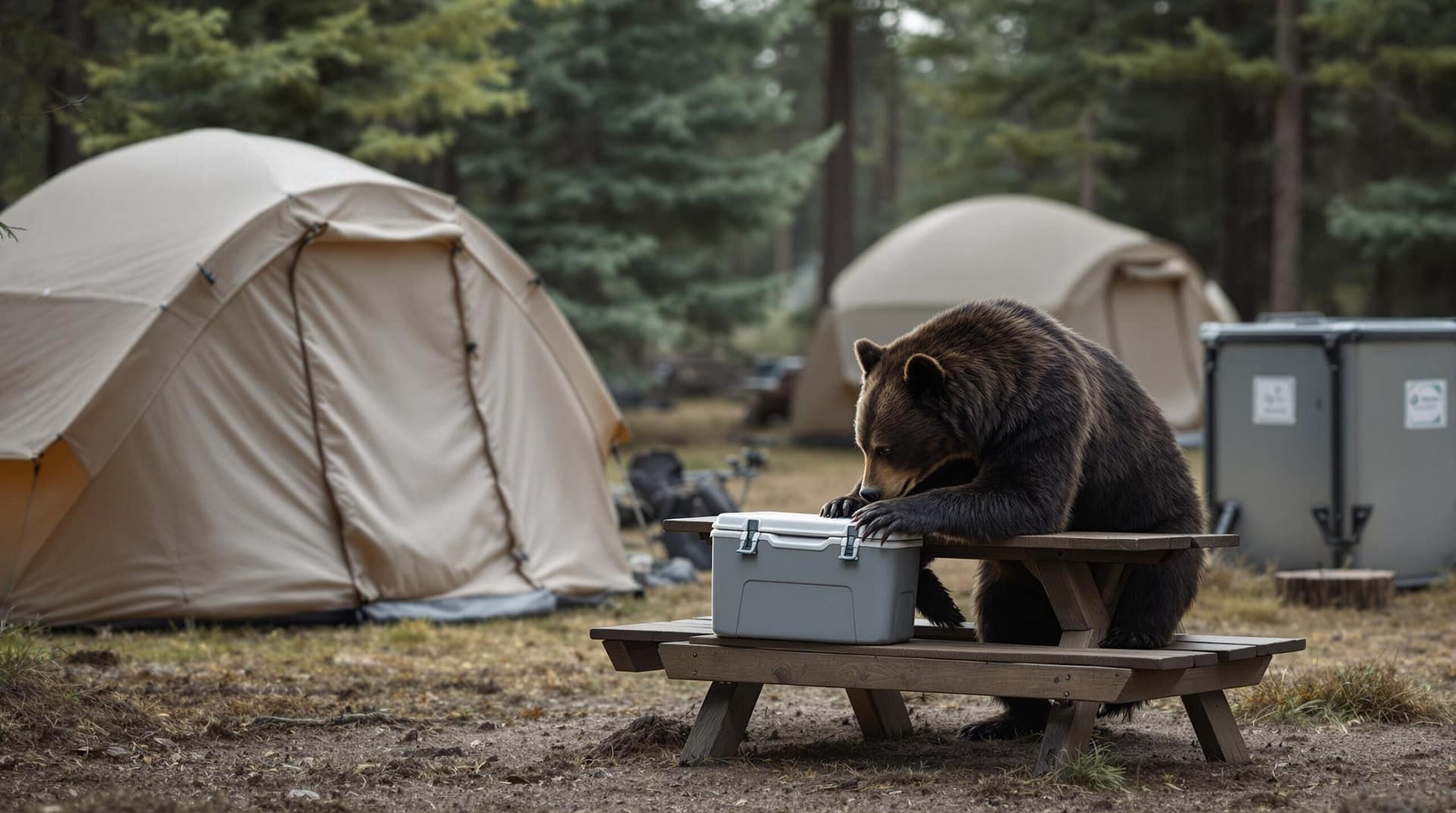 A black bear investigates a closed metal cooler near an empty picnic table in a generic pine forest campground with tents and a bear-proof dumpster in the background.