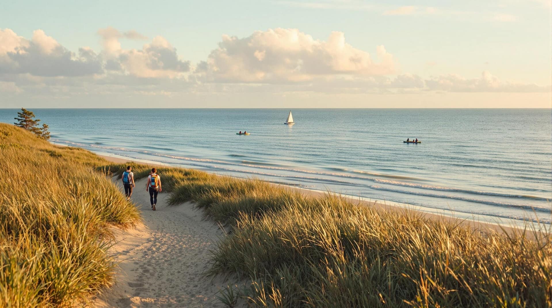 Two hikers walk along a sandy trail through dune grass toward a wide beach and calm ocean, with kayakers on the water and a sailboat in the distance under a pastel sky at golden hour.