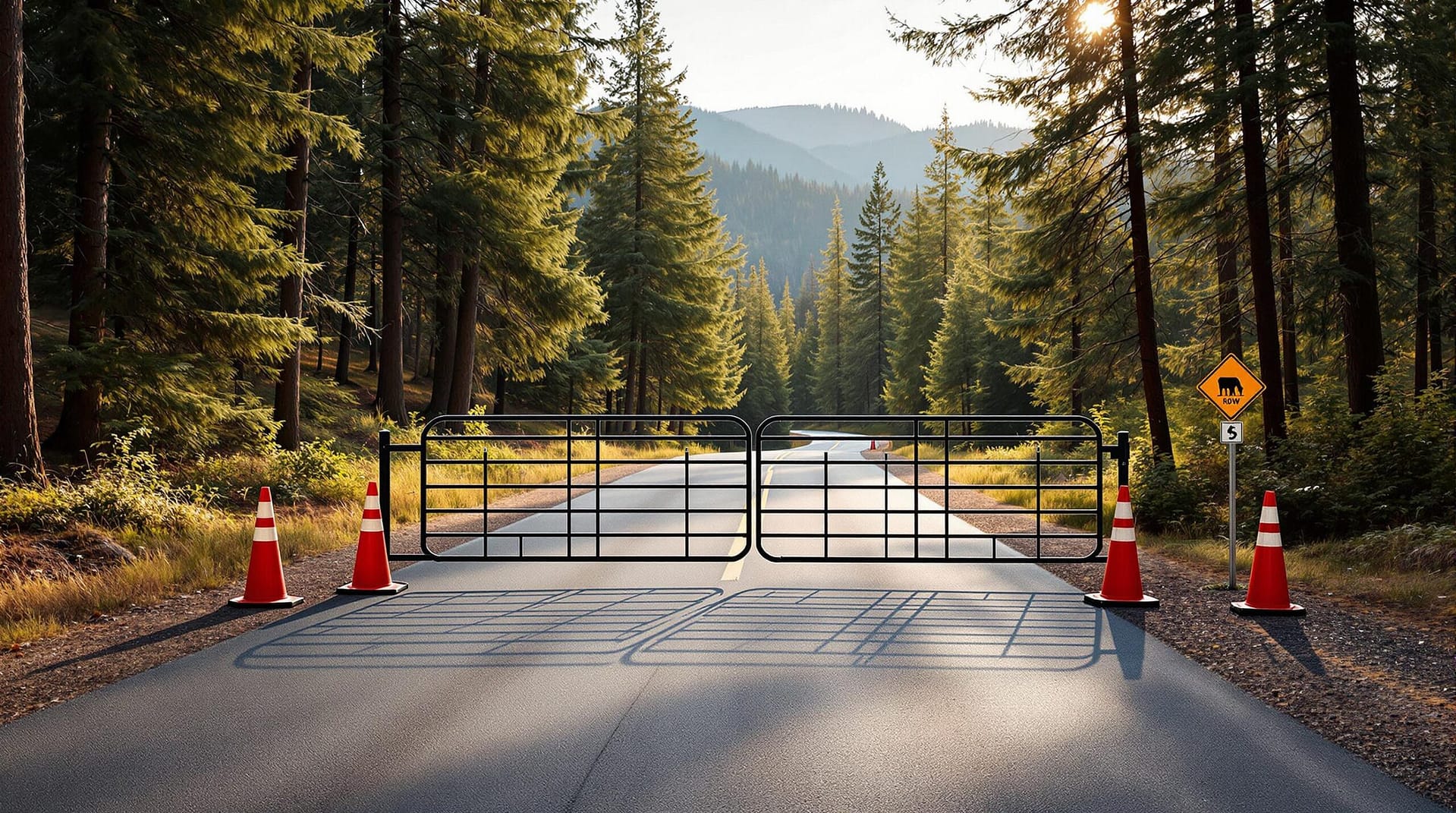 Closed metal gate with orange traffic cones blocks a paved campground road in a pine forest, late afternoon sunlight filtering through the trees, no people visible.