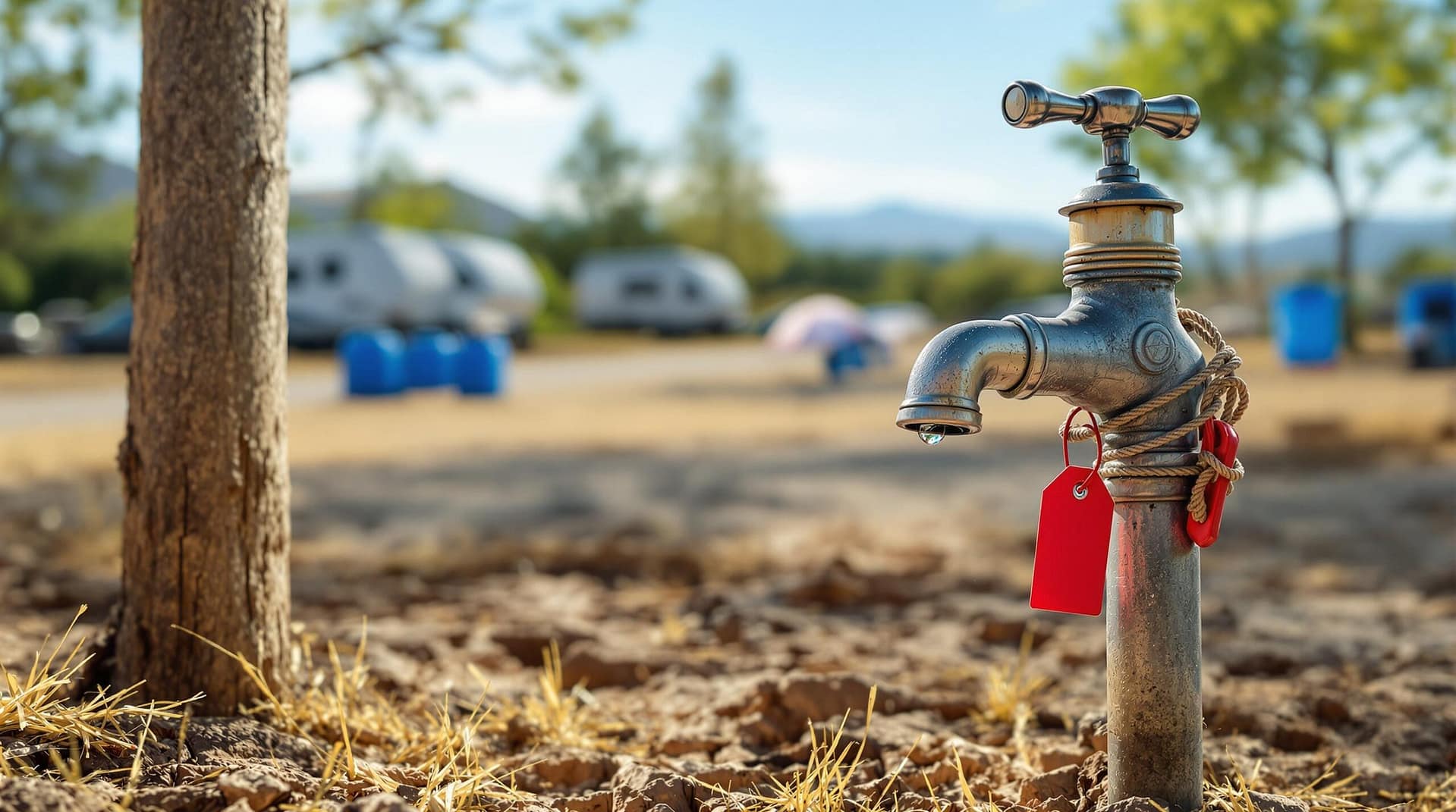A close-up of a closed metal water spigot with a red tag in a dry campground, cracked earth and yellowed grass below, with blurred RVs, tents, and portable toilets in the background under a clear sky.
