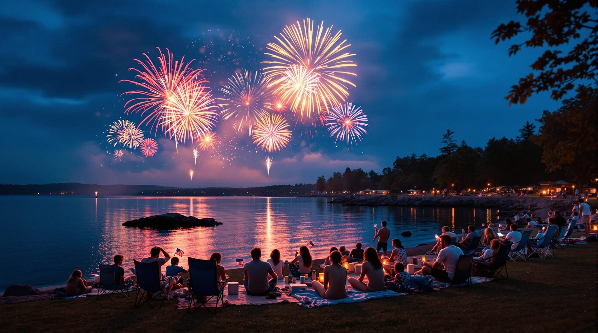 Families watching colorful fireworks burst over a lake at dusk, with picnic blankets, folding chairs, and small American flags in the foreground.