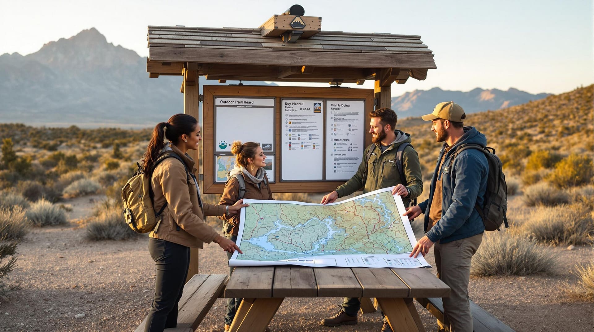 Three people reviewing a large map at a trailhead kiosk in a generic outdoor setting with mountains and sagebrush in the background