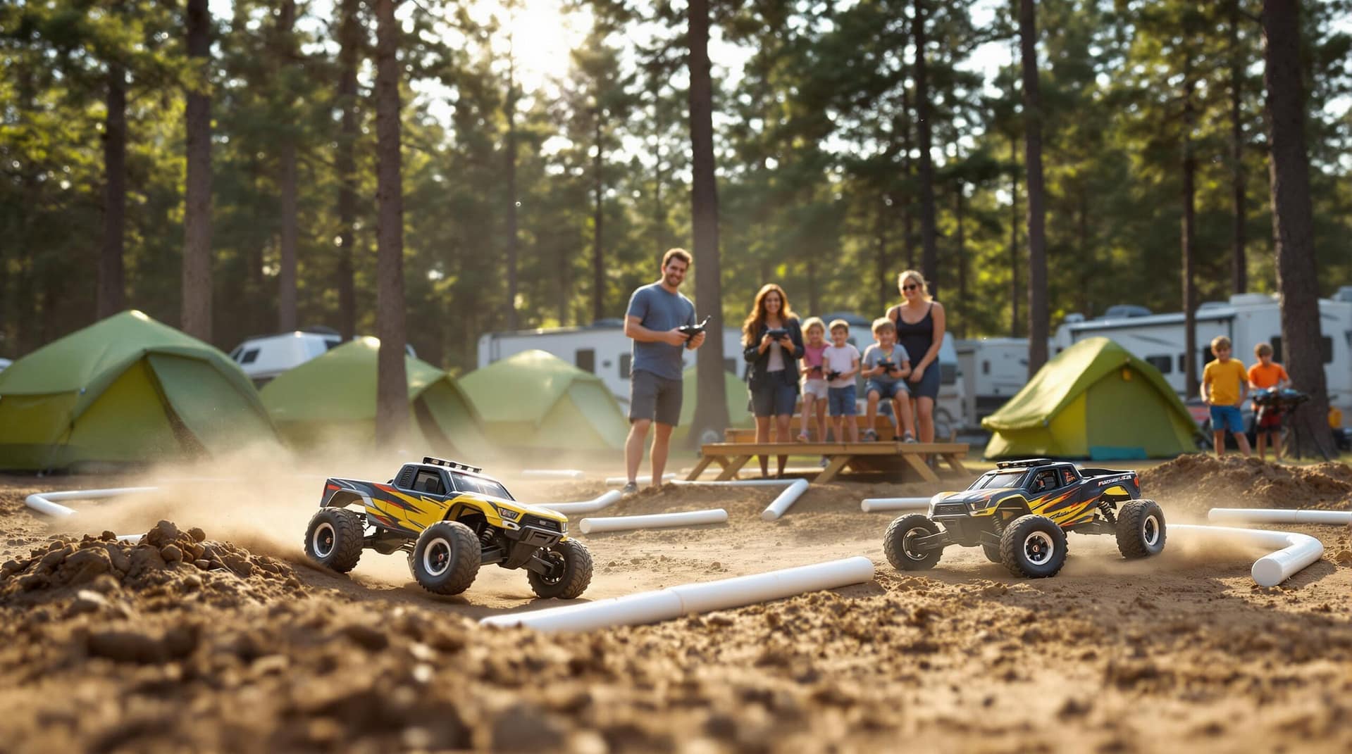 Family standing on platform controls RC cars racing on a small dirt track at a campground surrounded by pine trees and tents in warm sunlight.