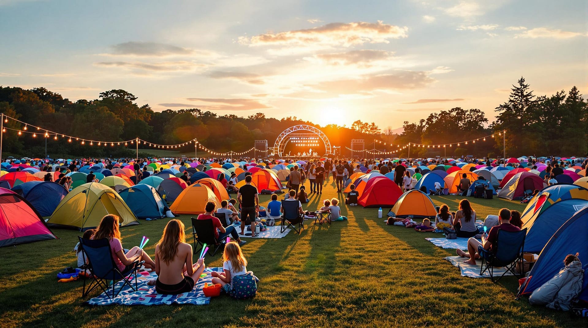 A group of people relaxing at a colorful outdoor music festival campsite with tents, string lights, and a small stage in the background during sunset.