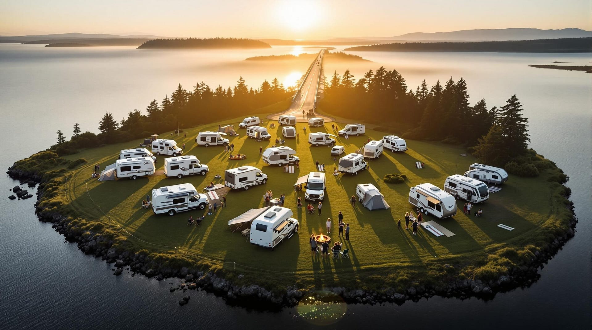 A group of modern truck campers arranged in a semicircle on a grassy island at sunrise, with people gathered around a small fire pit, string lights overhead, and a narrow causeway in the background crossing calm coastal water.