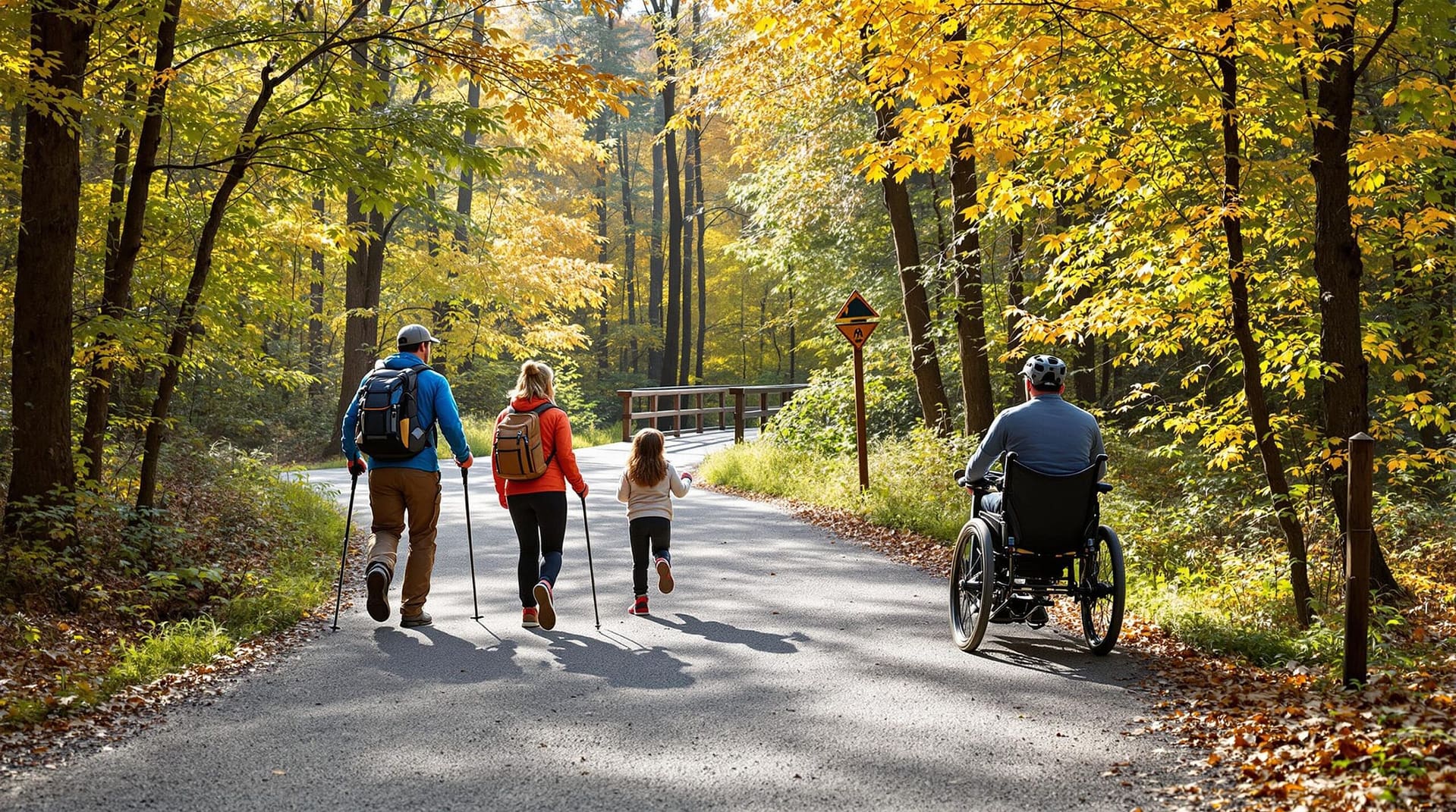 A diverse group of people, including a hiker, a child, an adaptive mountain biker, and a wheelchair user, enjoy a wide gravel trail in a sunlit autumn forest with a wooden footbridge in the background.