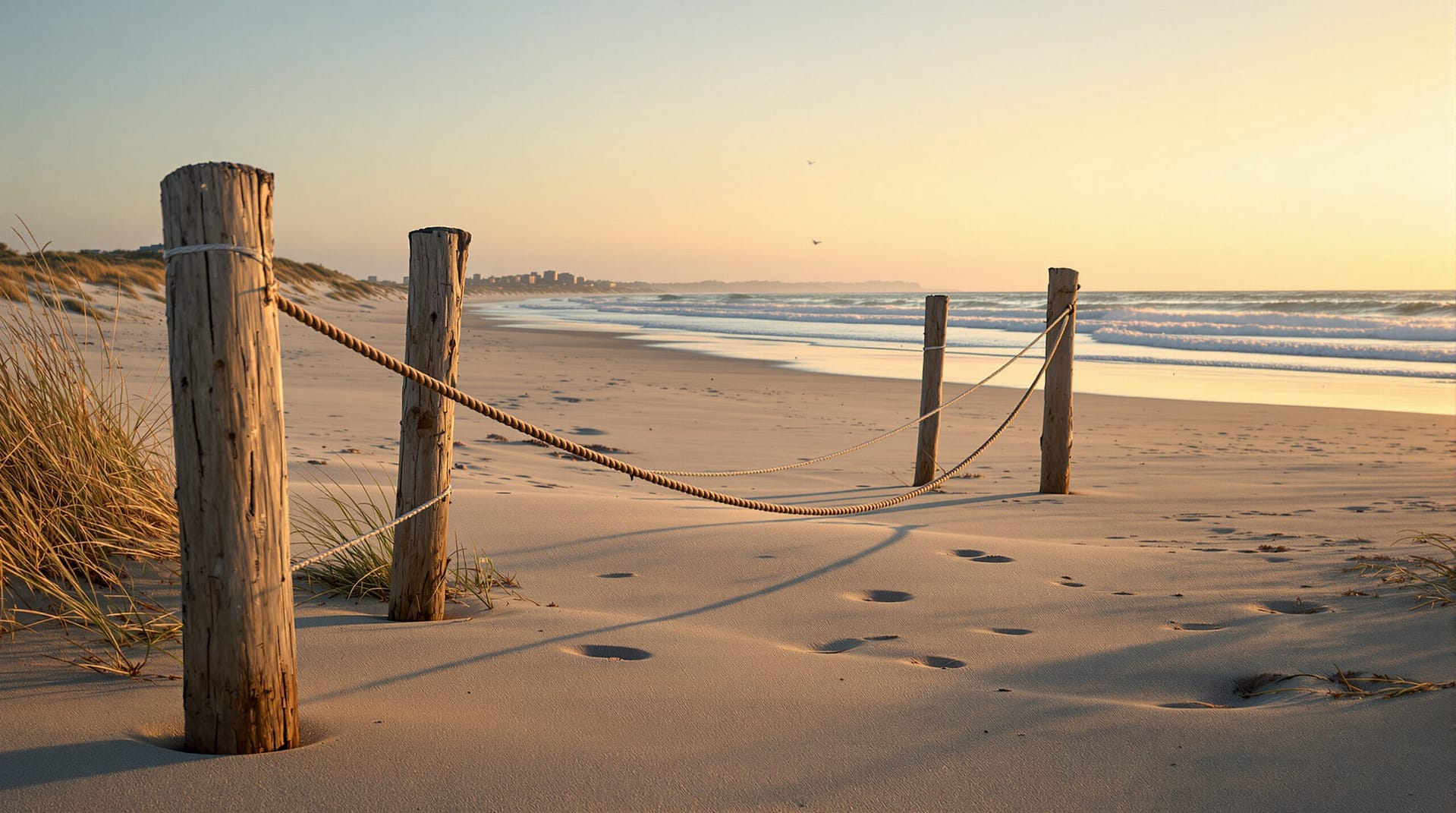 Early morning beach with dune grass, rope barrier, waves, and distant shorebirds under golden sunrise light