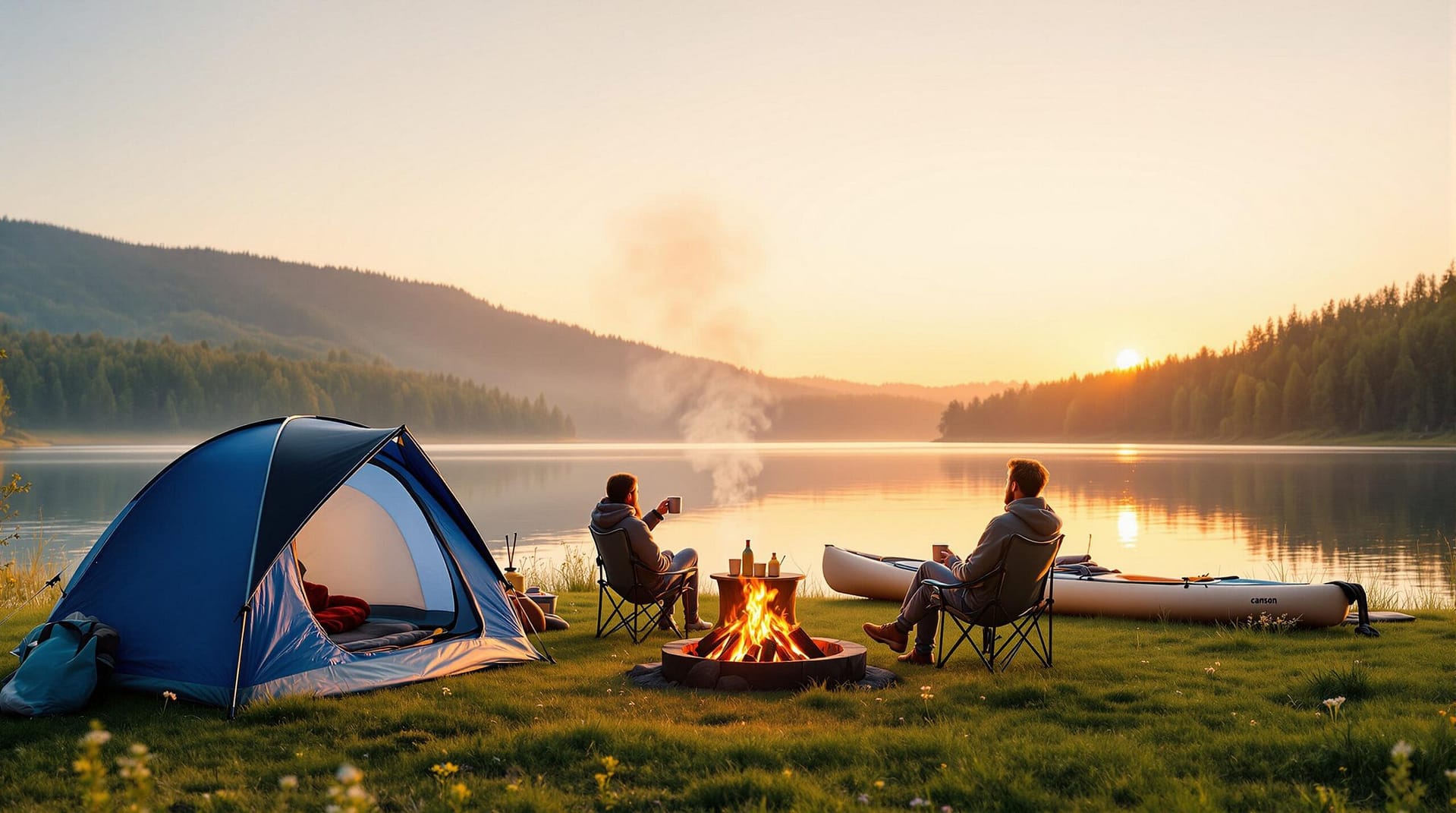 Two campers sit by a tent and campfire near a calm lakeshore at sunrise with kayaks and tree-covered hills in the background