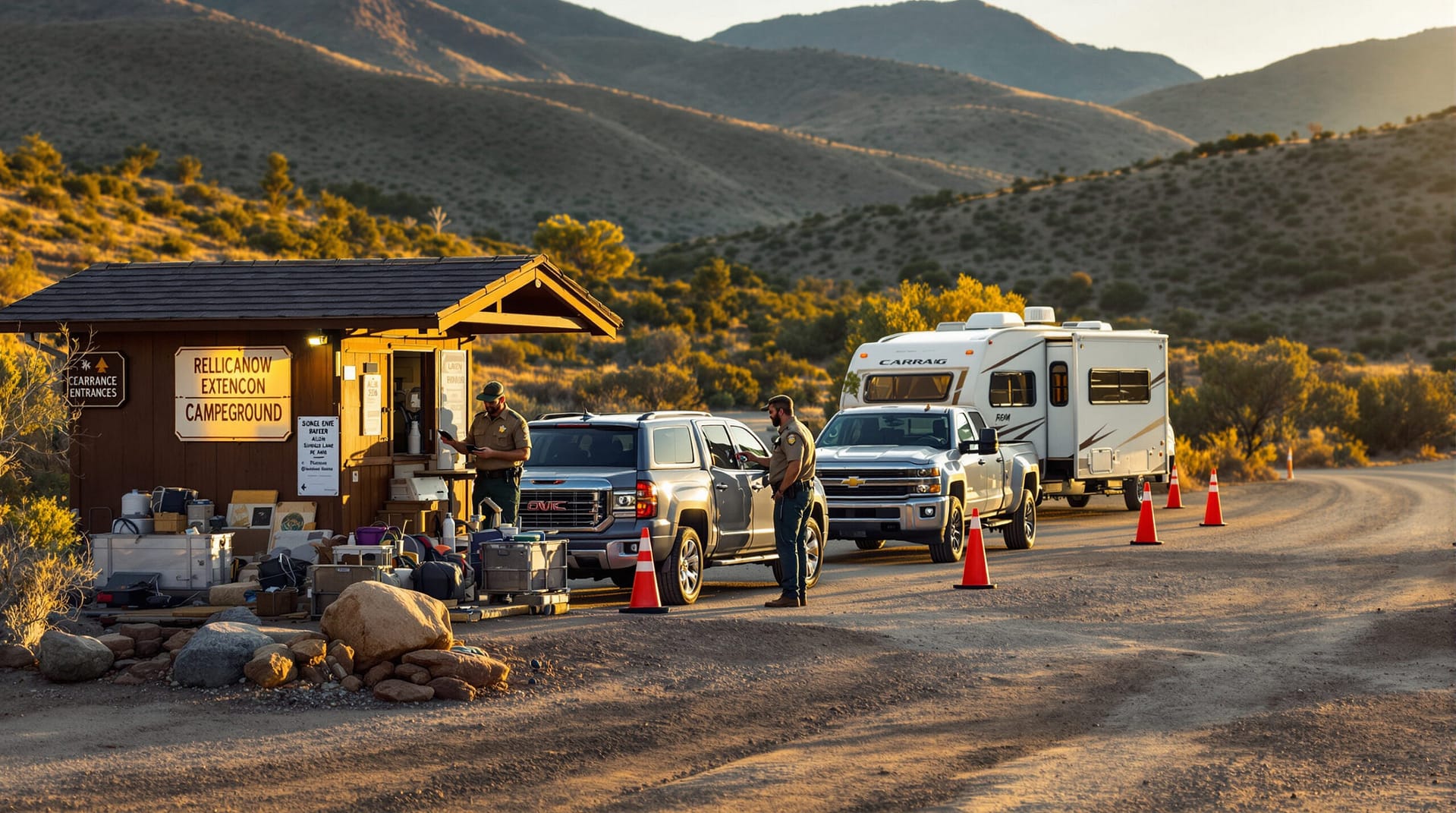 Park ranger at a small campground entrance kiosk at dawn, managing single-lane check-ins for an SUV with an ATV trailer and a pickup with a pop-up camper, with cones, sparse signage, and chaparral hills in the background