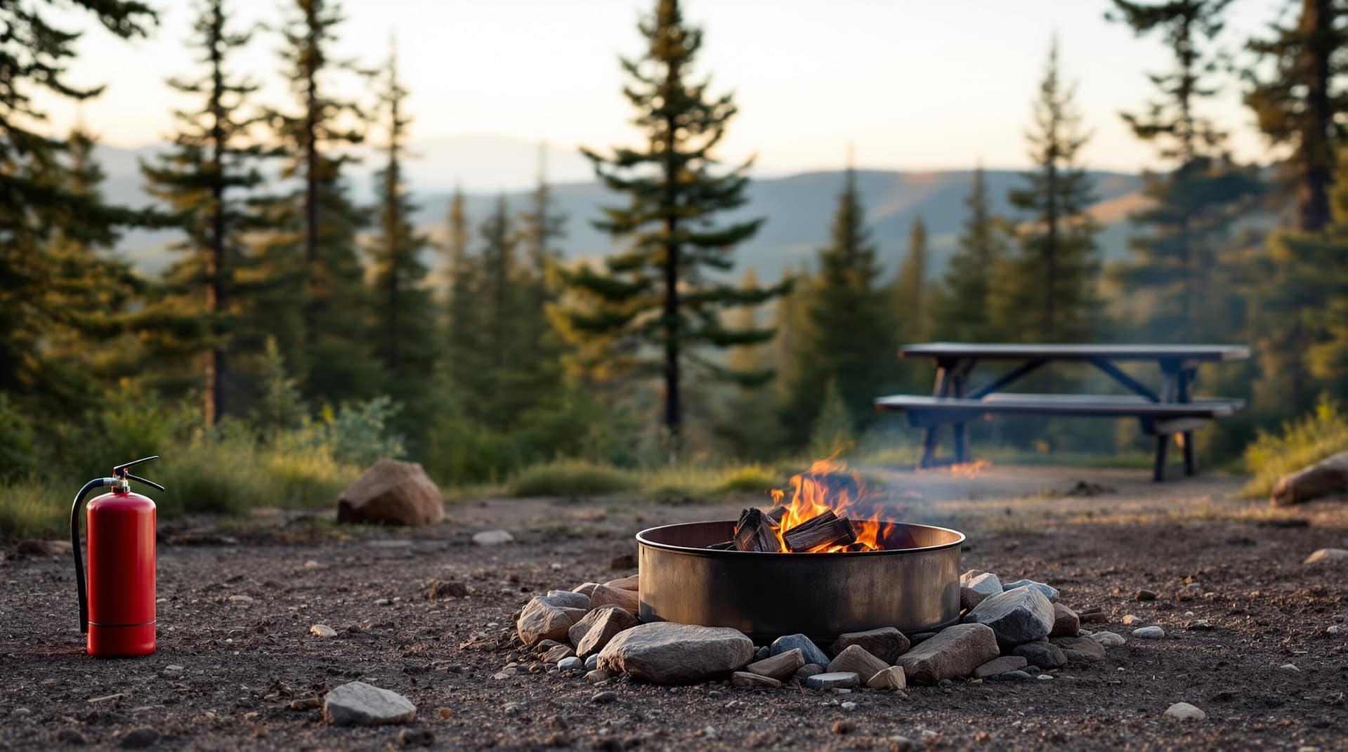 Small, contained campfire in a metal ring at a developed campground with an empty picnic table and red fire extinguisher, soft-focus evergreens and hills at golden hour, illustrating stage 1 fire restrictions