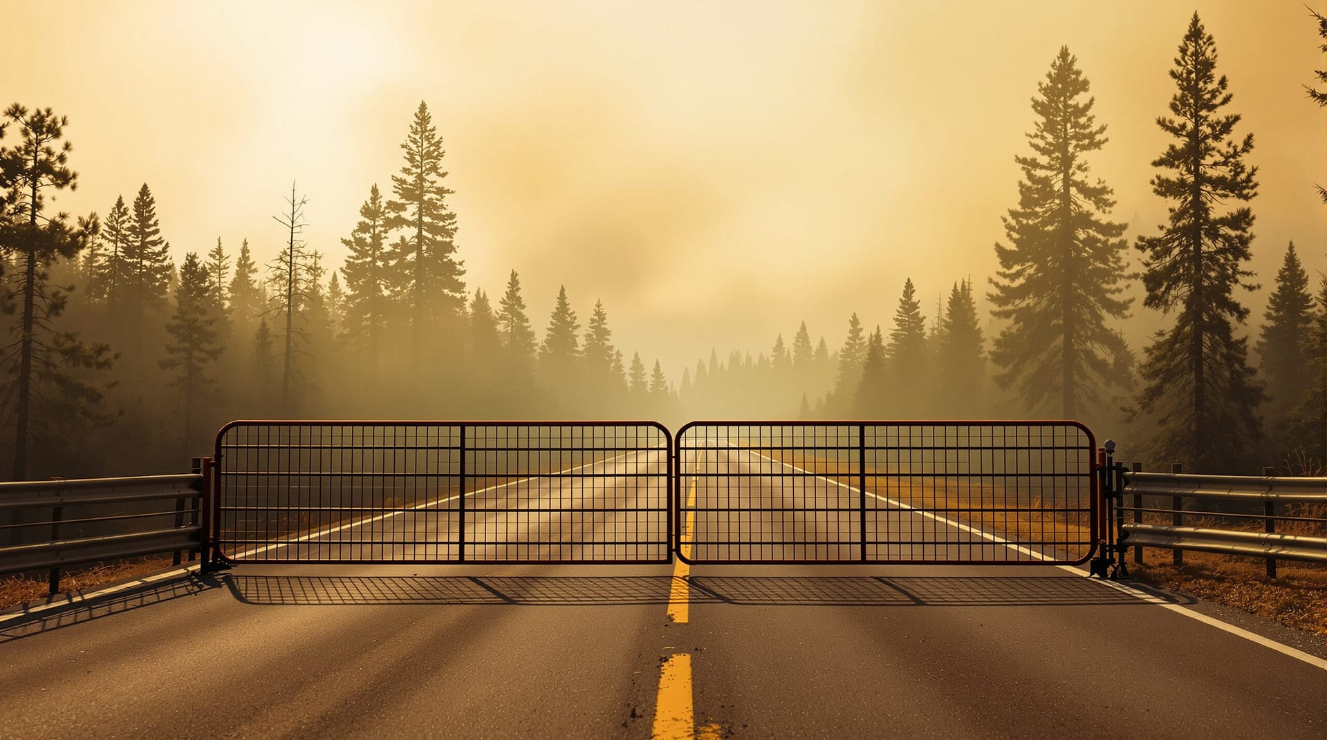 Locked metal gate and orange barricade block a forest road with wildfire smoke drifting above pine trees under a hazy sky