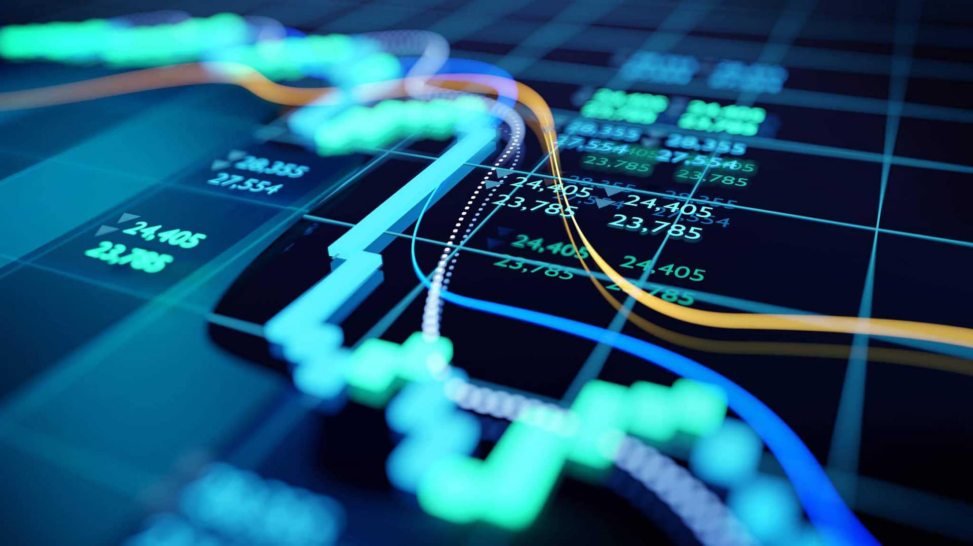An image of a stock chart with a blue line on it, depicting minimal damage to the US economy.