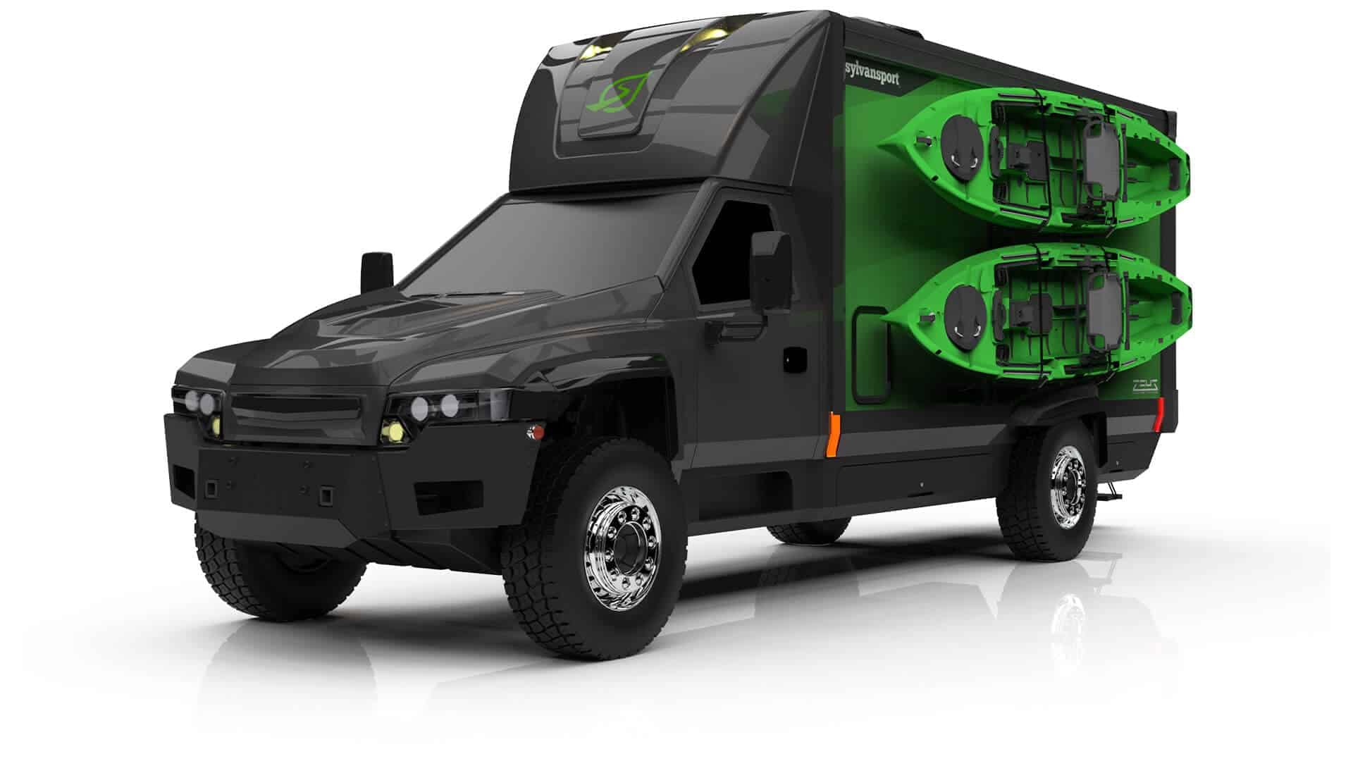 A green and black truck with two kayaks on it, showcasing its sustainability through the use of an all-electric RV.