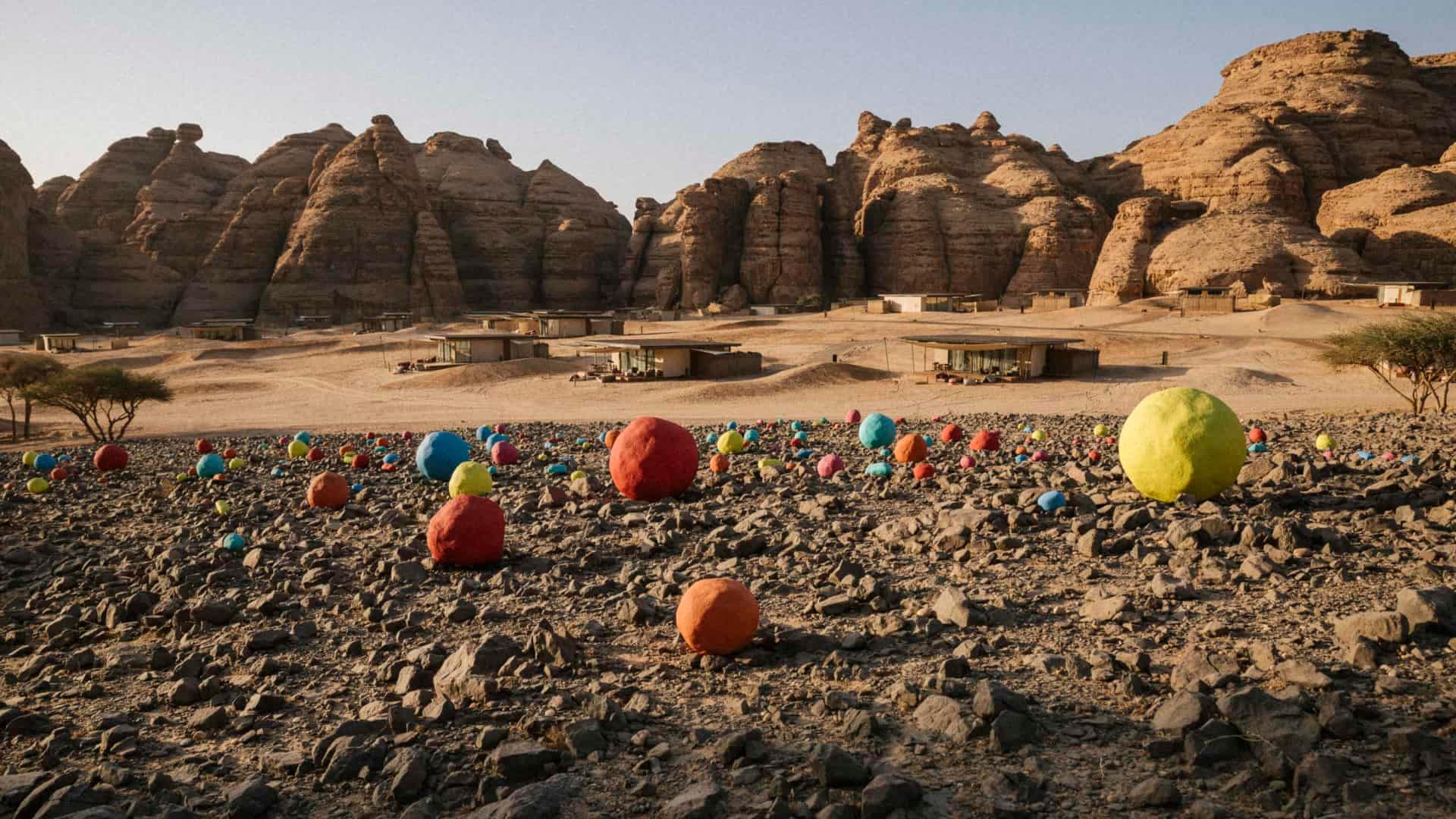 A group of colorful eggs in the Al'Ula desert.