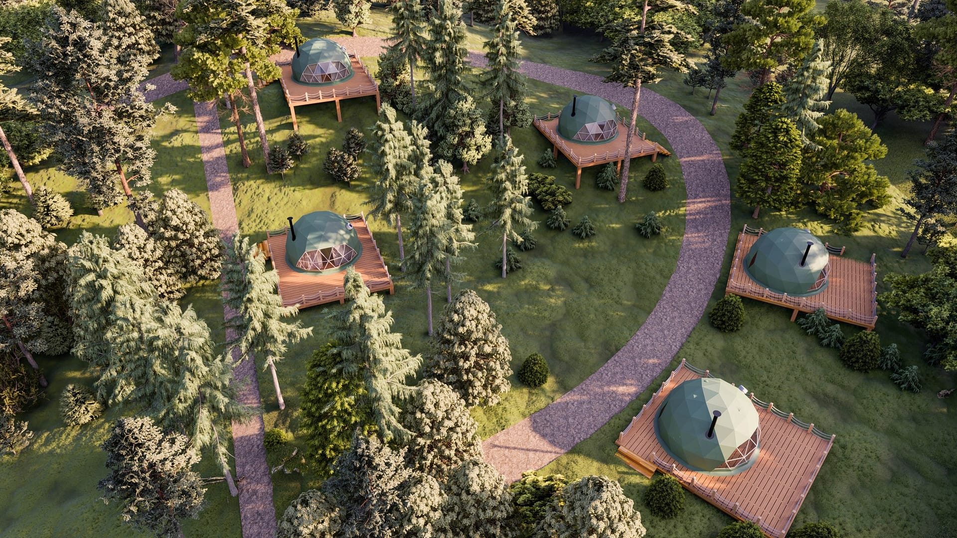 Discover Eco-Glamping at Mythtopia, featuring an aerial view of a group of domes surrounded by trees.