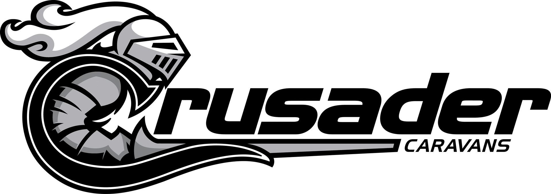 The Crusader Caravan logo showcases the iconic Australian spirit of adventure and exploration, with a couple embarking on a memorable journey.