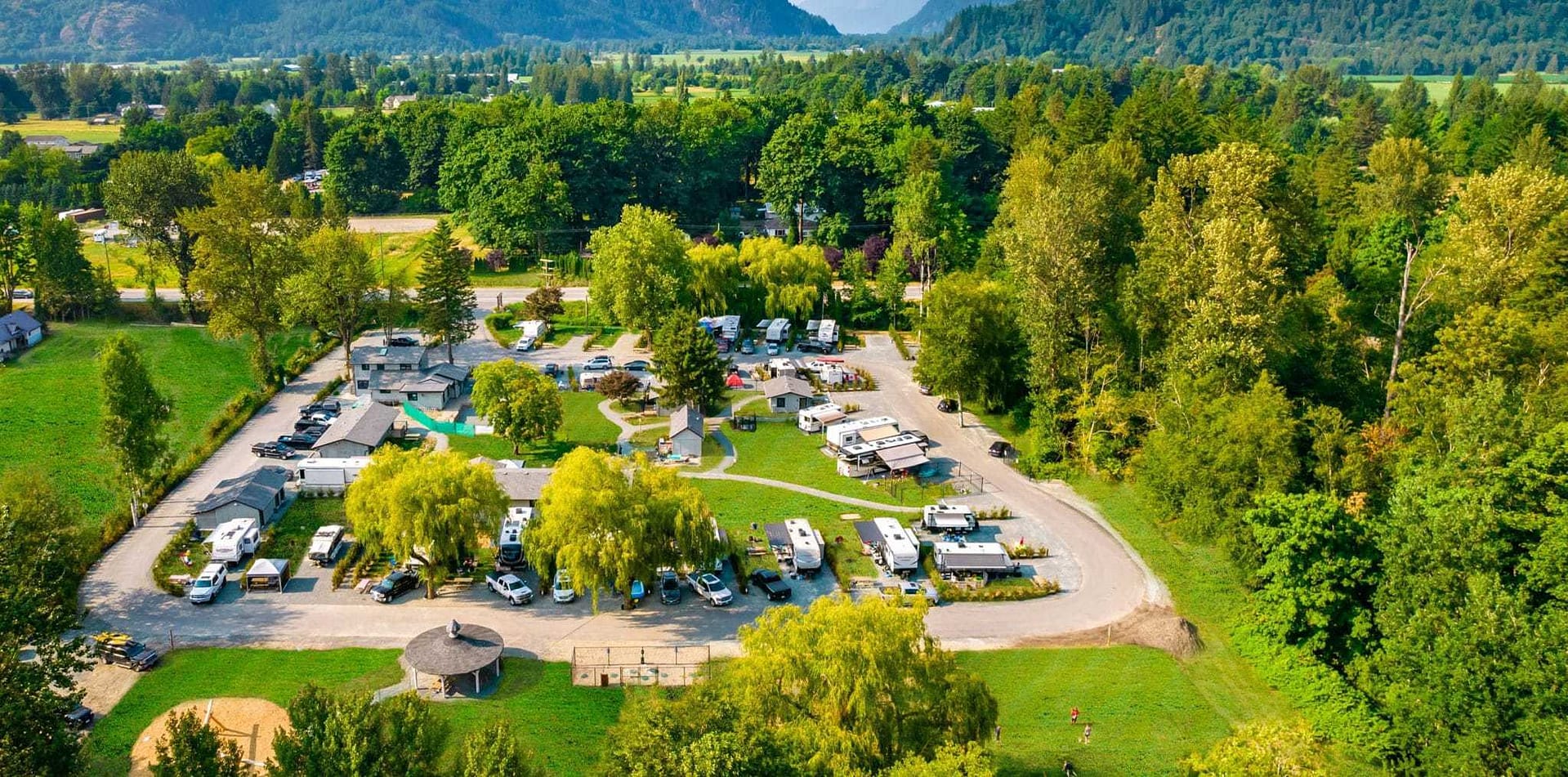 An aerial view of an RV park surrounded by trees, which strengthens the sense of unity and team spirit within Pathfinder Ventures.