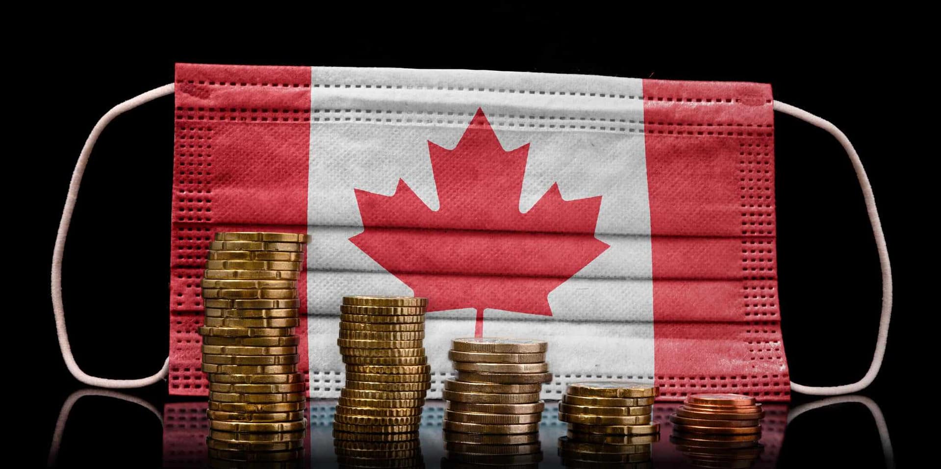 A medical mask featuring the Canadian flag and stacks of coins, symbolizing the CEBA Loan and its repayment deadline set by the Canadian Government.