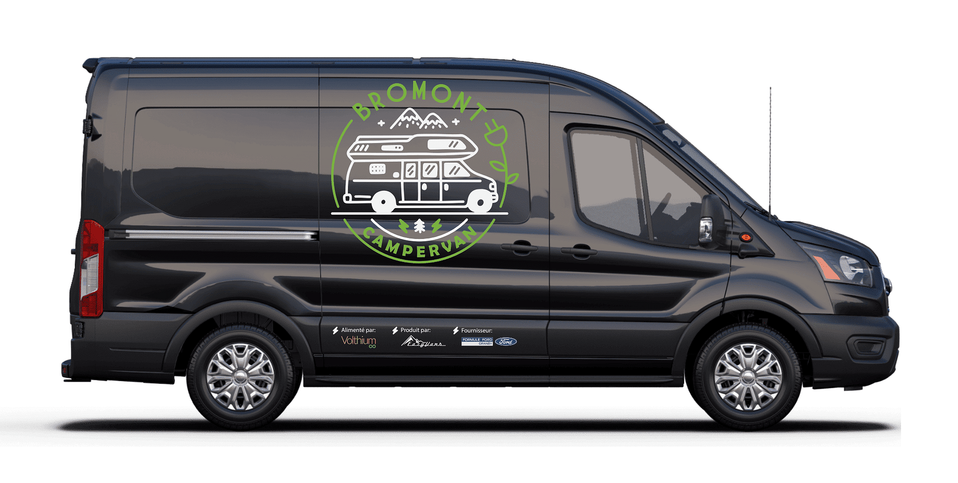 An electric Bromont Campervan for rent, with a logo on it.