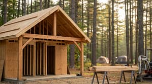 Partially constructed timber frame cabin with exposed wooden beams and plywood sheathing on a concrete slab in a pine forest, with sawhorses holding lumber in the foreground and camping tents visible in the background