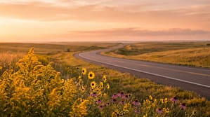 A winding two-lane country road stretches into the distance through rolling golden hills at sunset, framed by vibrant yellow and purple wildflowers in the grassy foreground.