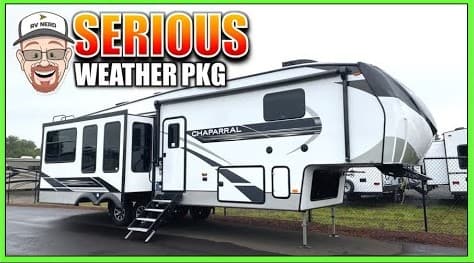A Coachmen Chaparral 336TSIK RV with the words serious weather pg.