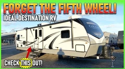 An advertisement for a 2022 Cougar 30RKD RV with the words forget the fifth wheel.