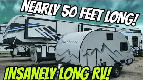 A picture of a Keystone RV measuring nearly 50 feet long.