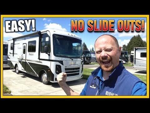 A man is standing in front of a 2022 Coachmen Pursuit 27XPS Class A Gas RV with the words easy no slide outs.