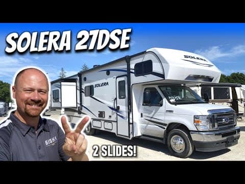 A man is giving the thumbs up in front of a 2022 Solera RV.