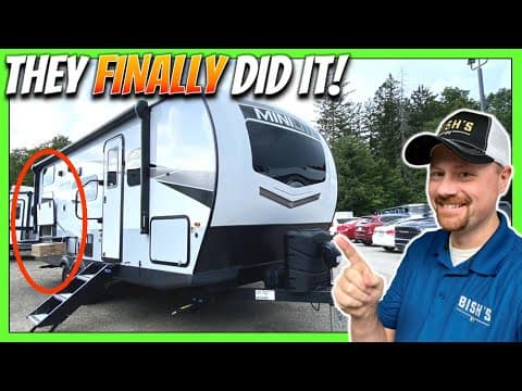 A man is standing in front of a better RV, the 2023 Rockwood 2509S, with the words they finally did it.