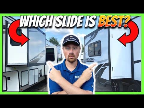 A man is pointing to his RV, wondering which is the best RV Slide-Out System.