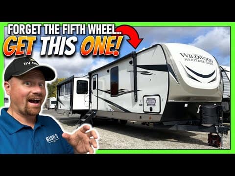 A man is standing in front of a Forest River RV with the words forget the fifth wheel get this one, specifically the 2023 Wildwood Heritage Glen 308RL.
