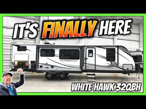 The Jayco White Hawk travel trailer has a sign that says it's finally here.