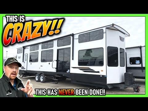 A man is standing in front of a Forest River RV with the words 'this crazy rv'.