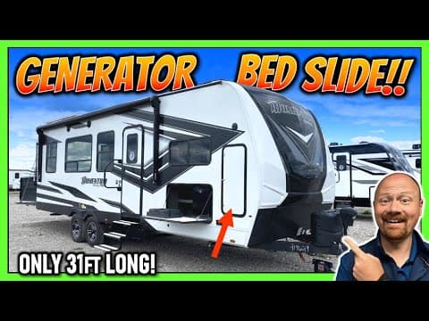A man is standing next to a 2023 Grand Design RV with a generator and bed slide.