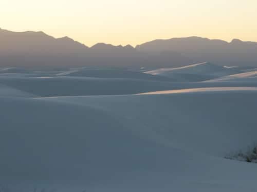 White Sands National Park's white sand dunes at sunset.