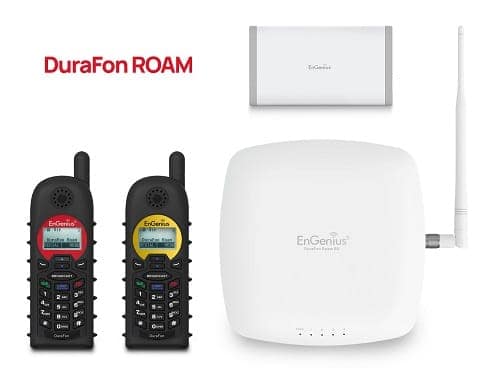 The EnGenius DuraFon Roam, designed for businesses communication mobility, is displayed with two phones next to it.