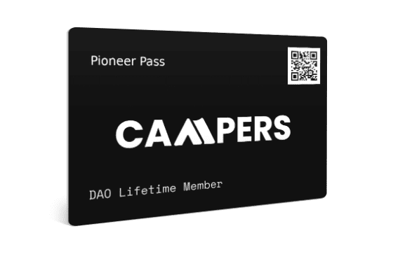 A black card with the word campers on it, featuring Blockchain-Powered technology.