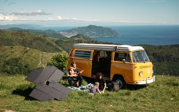 An innovative vw bus with origami solar panels providing off-grid power.