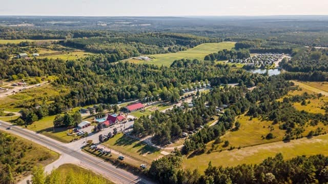 An aerial view of a campsite in an Ontario forest.