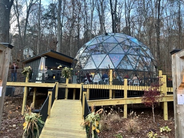 An igloo in the woods, part of a Glamping Resort, with stairs leading up to it.