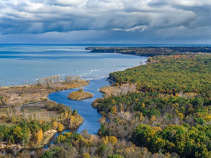 An aerial view of Port Crescent State Park, overlooking Lake Huron.